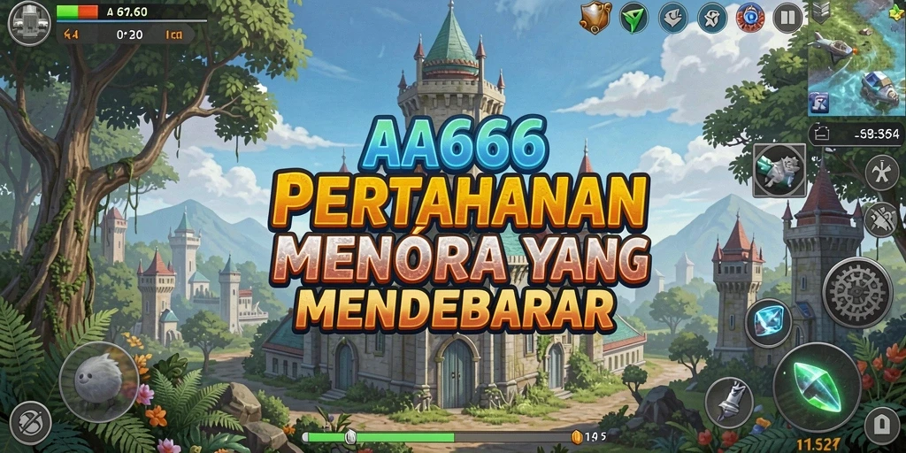 Screenshot gameplay AA666 menunjukkan aksi menara pertahanan yang intens.