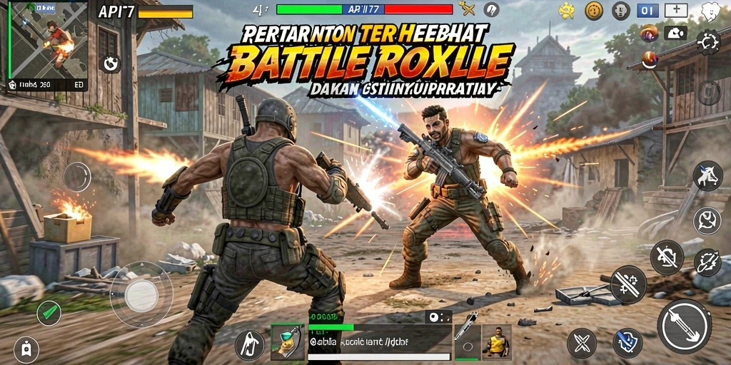 Screenshot utama API77 menampilkan aksi intens dalam gameplay Battle Royale.