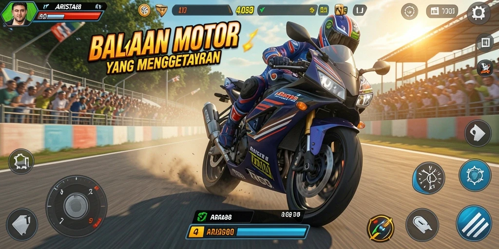 Screenshot gameplay dari ARISTA88 dengan aksi balapan motor yang mendebarkan.
