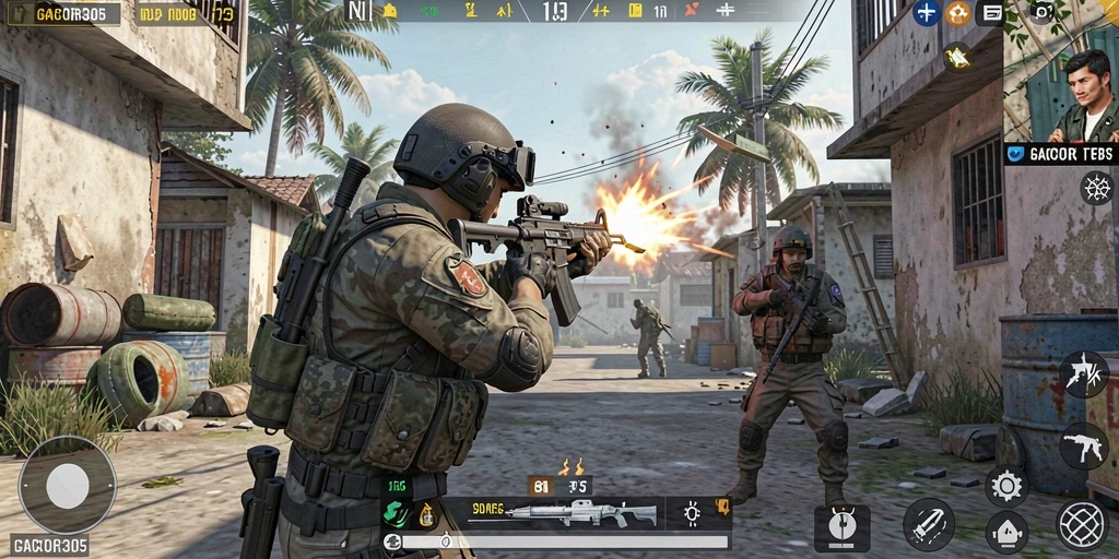 Gameplay seru GACOR305 saat bertempur di arena FPS.