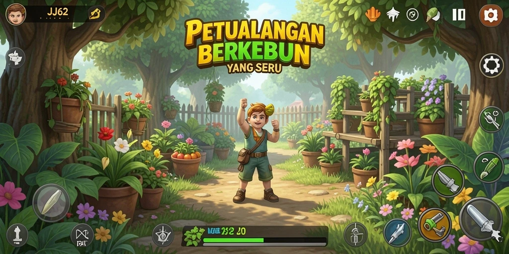 Tampilan gameplay <strong>JJ62</strong> yang menggembirakan dengan aktivitas berkebun.