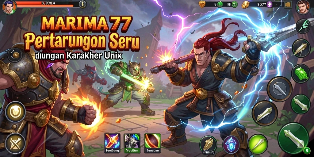 Tampilan gameplay seru dari MARIMA77 dengan karakter bertarung.