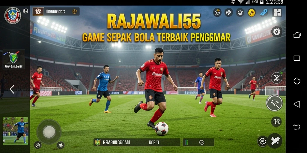 Screenshot utama gameplay RAJAWALI55 dengan aksi sepak bola yang seru.