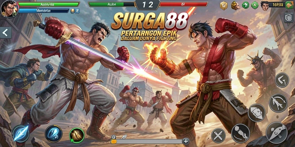 Gambaran gameplay SURGA88 menampilkan pertarungan seru antara karakter unik.